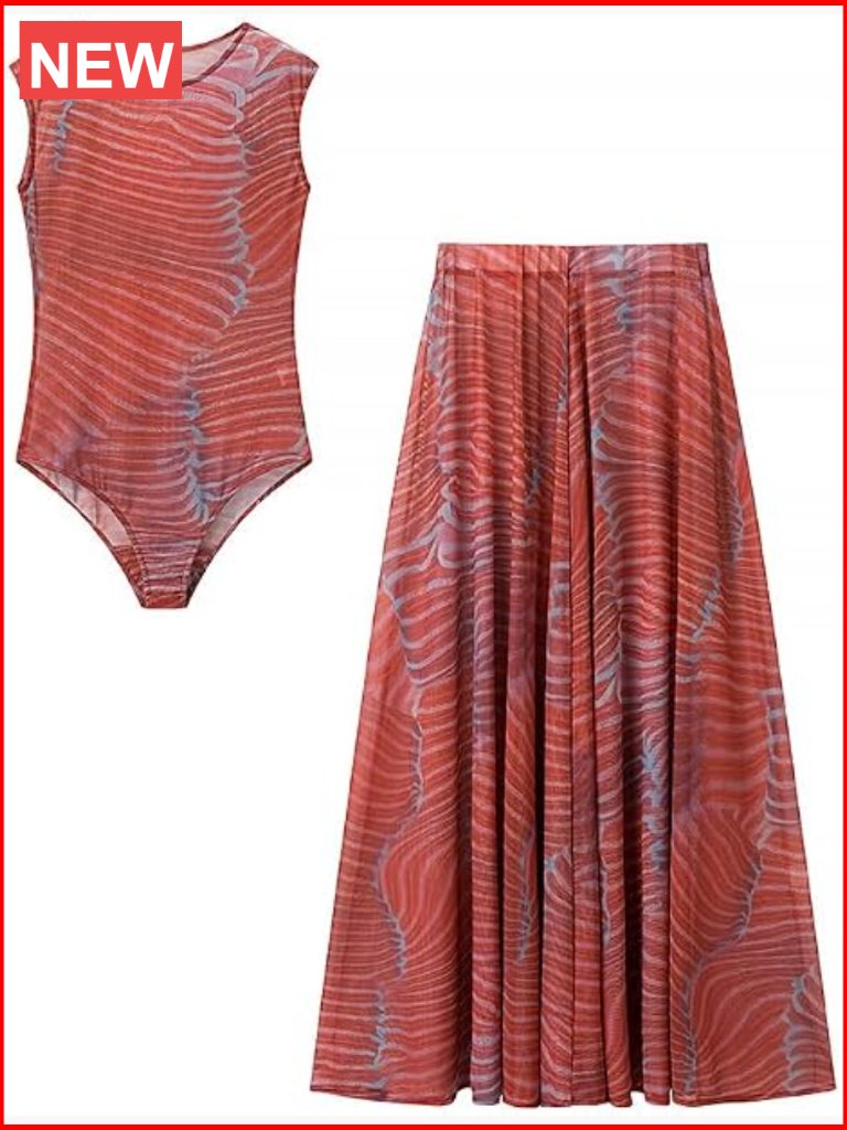 Abstract Print Sleeveless Bodysuit & High Waist Maxi Skirt Set